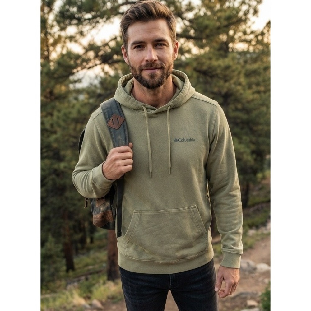 Columbia‎ Hoodie Sweatshirt Men's S Graphic Back Logo Sage Green Cotton Hiking